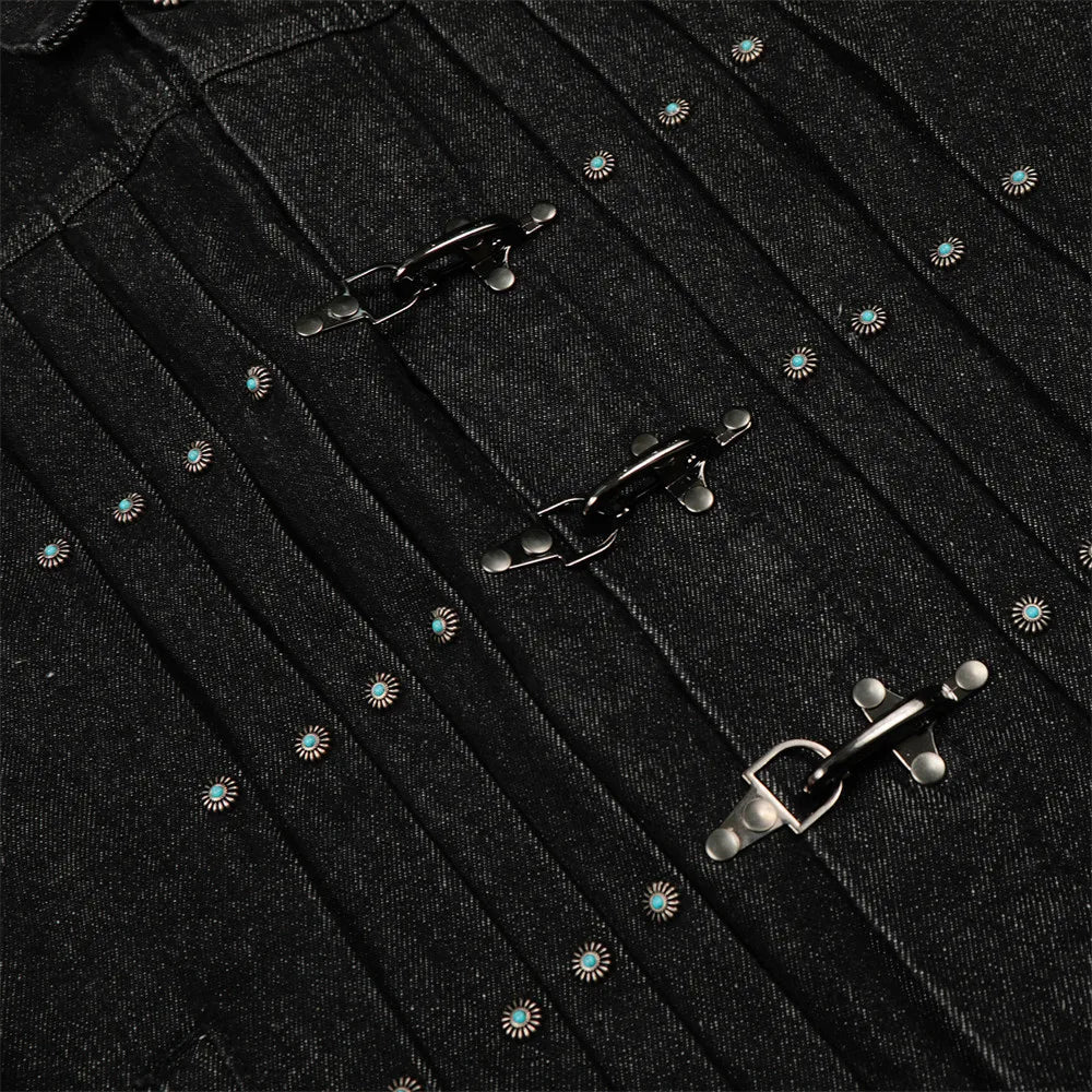 Mens Jacket Punk Vintage Streetwear Black Denim Short Coat Metal Buckle Studded Design Pleated Detail Retro Cool Hip Hop Fashion