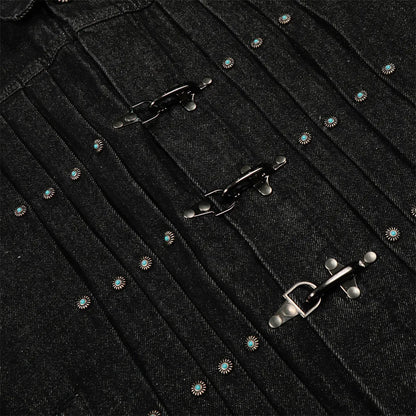 Mens Jacket Punk Vintage Streetwear Black Denim Short Coat Metal Buckle Studded Design Pleated Detail Retro Cool Hip Hop Fashion