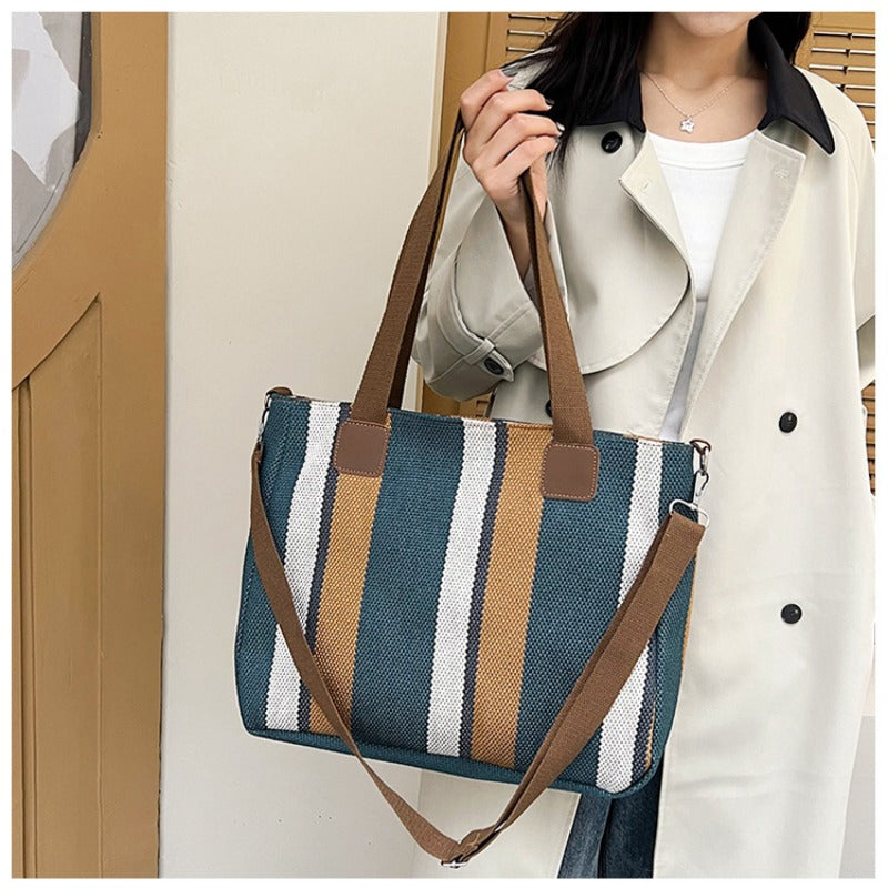Striped Canvas Tote - Women's Crossbody Shoulder Bag With Zipper Closure, Versatile Daily Use