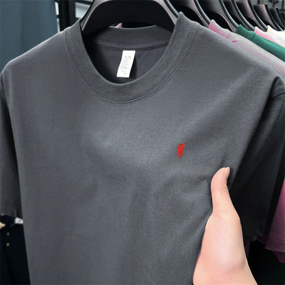 Xiaoma Embroidery Casual Pure Cotton Short Sleeved T-shirt for Young Men, Round Neck Solid Color T-shirt for Men