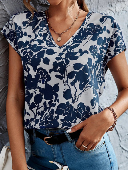 Ladies Floral Print V Neck Batwing Sleeve Blouse Women Tops Shirts