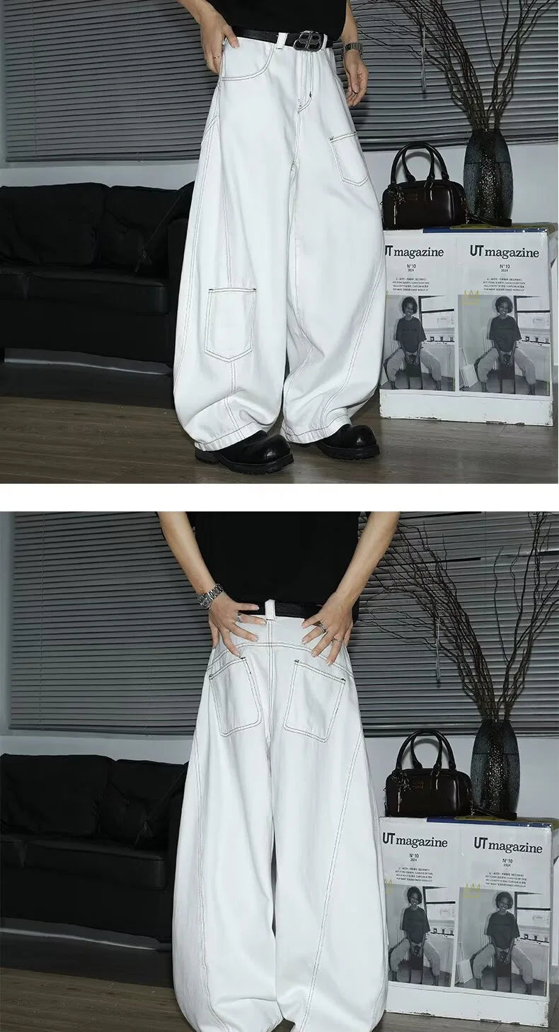 Y2K Men's Jeans White High-Waisted Wide-Leg Denim Pants Retro Baggy Style Fashion Loose Fit Casual Denim Trousers Streetwear