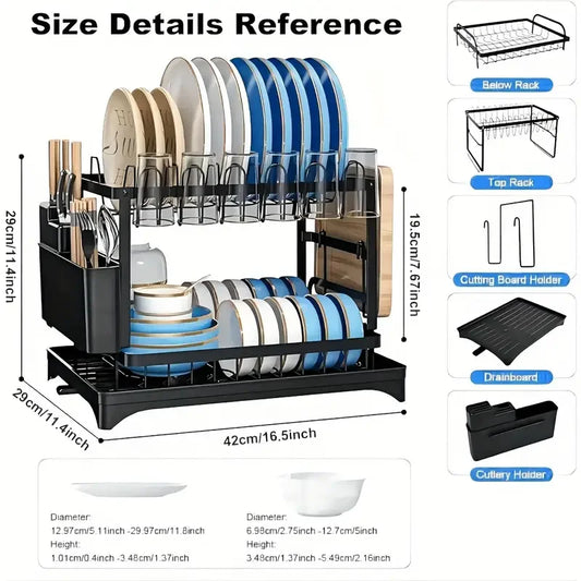 2-Tier Dish Rack – Durable Metal Dish Drainer with Utensil Holder & Drainage Tray