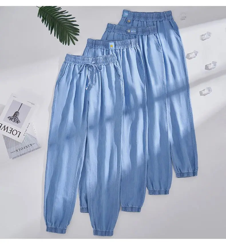 Plus Size Ice Silk Denim Pants Yoga Sports Thin Loose Style Women's Summer Casual Wide Leg Pants Harajuku Style Loose Waist