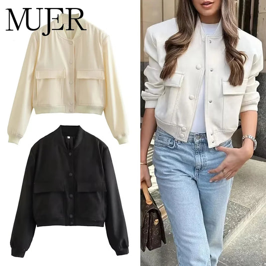 MUJER Women's Bomber Jacket Women Autumn Cropped Jacket For Women 2025 Long Sleeve Aviator Jackets Woman Fashion Short Coats