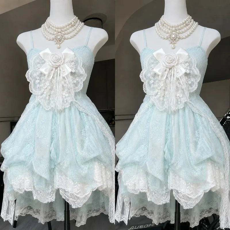 Gothic Retro Sweet Bud Mini Dress Women Harajuku Y2k Strap Dress Y2K Aesthetic Club Party Fashion Outfits