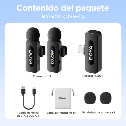 BOYA Wireless Lapel 2pcs Microphone for Android Smartphone Laptop - Omnidirectional USB C Condenser Video Recording Microphone