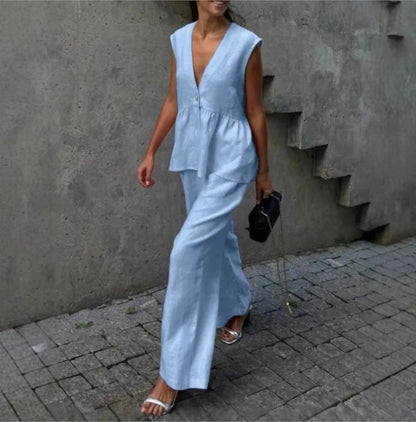Fashion Women's Trouser Suits Sleeveless V-Neck Top Women Casual Straight Pants Sets Summer Women's Suit Commuter 2 Piece Set