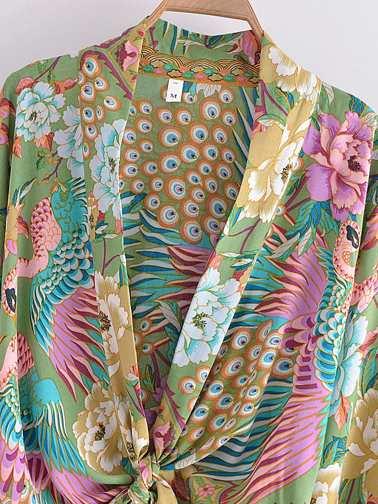 Boho Queens Women Peacock Floral Print Outfits Short Kimono Robe Bohemian Suits Wide Leg Pants 2 Pieces Rayon Boho Sets Swimsuit
