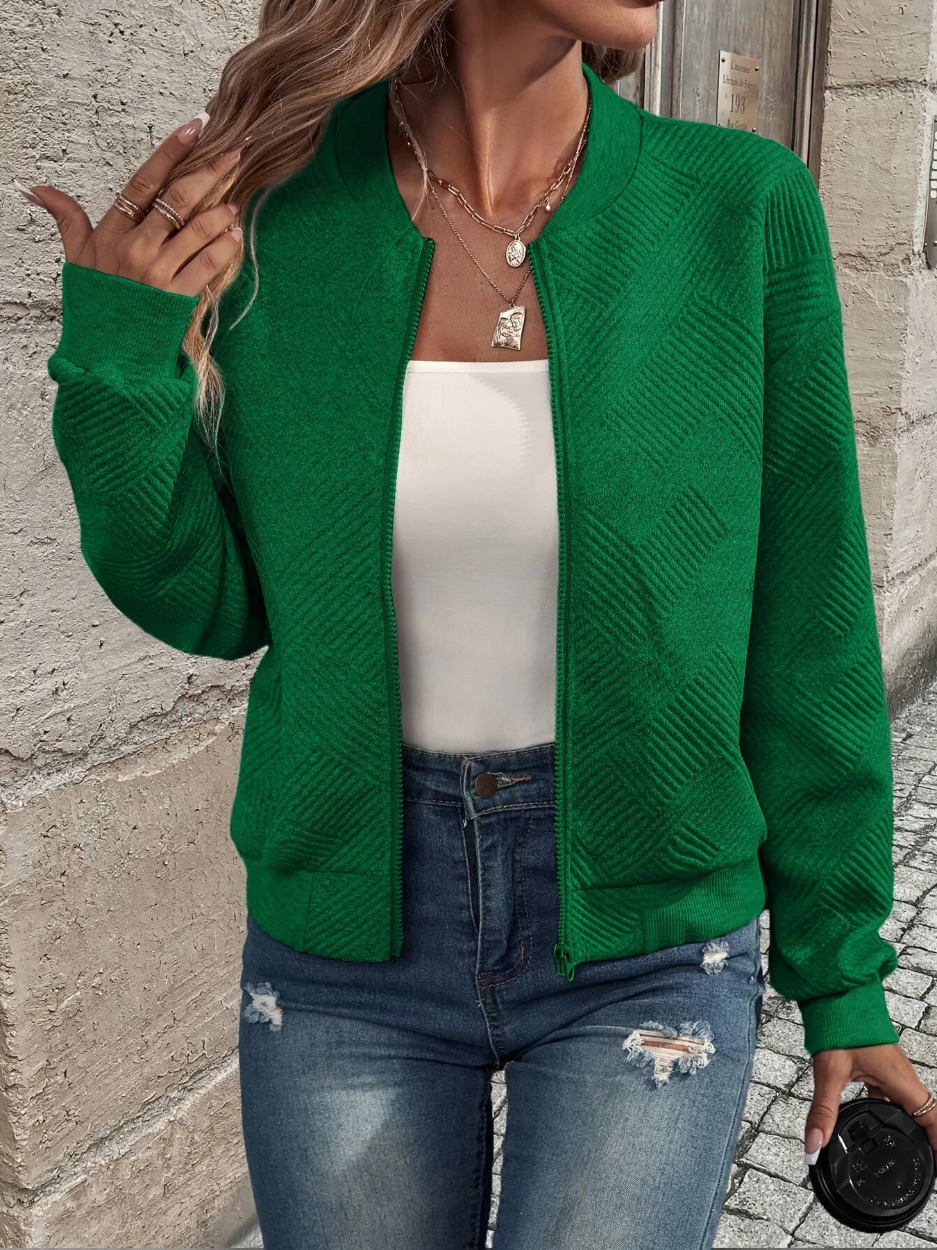 Women's Casual Zipper Jacket - Polyester Spandex Knit Fabric Spring Autumn Coat