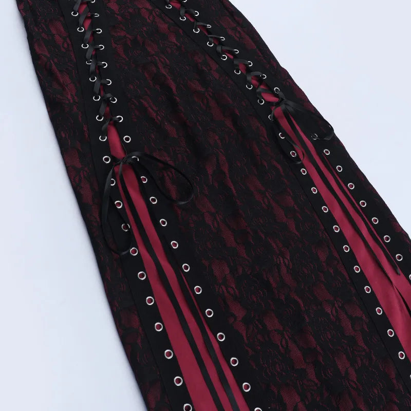 Goth Dark Women Partywear Mall Gothic Lace Patchwork Straps Dresses Y2K Coquette Gown Mall Gothic Slim Bandage Split Hem Dress