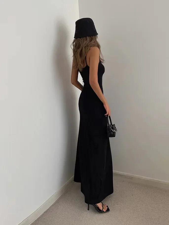 Summer Backless Dress - Slim Waisted Spaghetti Strap Mid-Calf Length Casual Outfit