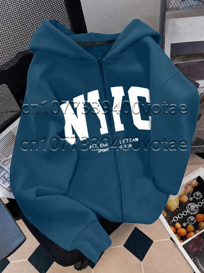 Fashion Letter Zip Up Hoodies Women Autumn Long Sleeve Tops Loose Hood Shirt Harajuku Y2K Clothes Female Sweatshirt Jacket