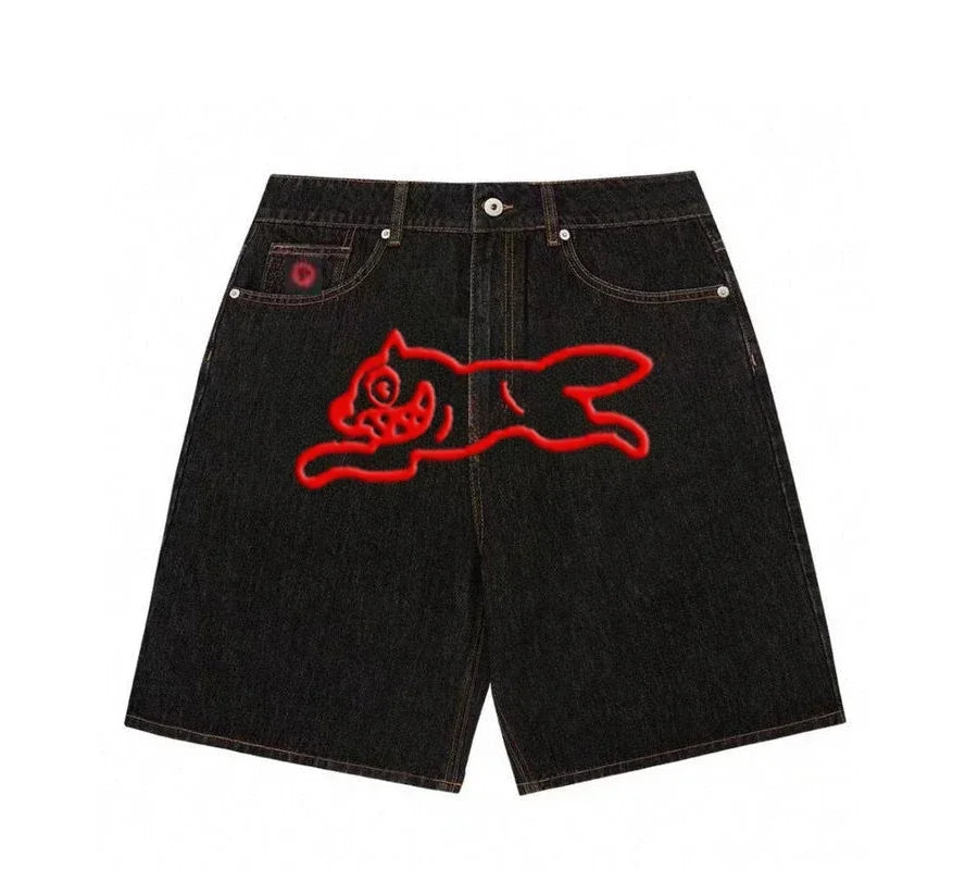 Y2k Summer Harajuku Hip-Hop Gothic Colored Flying Dog Printed Denim Shorts High Street Loose Casual Straight Cropped Jeans