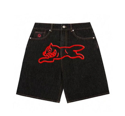 Y2k Summer Harajuku Hip-Hop Gothic Colored Flying Dog Printed Denim Shorts High Street Loose Casual Straight Cropped Jeans