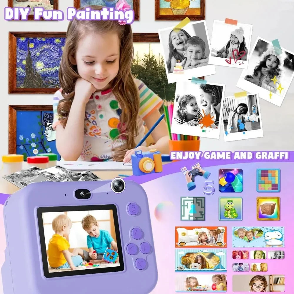 Kids Instant Print Camera - 48MP Digital Educational Thermal Photo Printer With 32GB Card