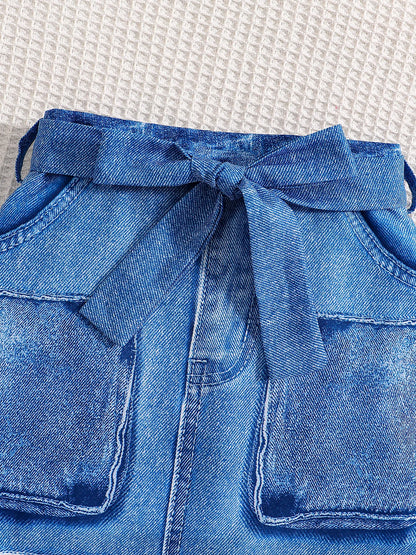 2025 Summer girls fashion casual 2-piece butterfly halter vest top + imitation denim stretch casual skirt casual suit