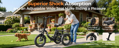 Spacewalk 1200W Peak Electric Trike for Adults, 48V 15Ah Battery 3 Wheel Electric Bike with 60 Miles Range, 18×3.0 Fat Tires, Dual Disc Brakes, Rear Cargo Basket, Adjustable Comfort Seat, Folding E Tricycle for Seniors-Black