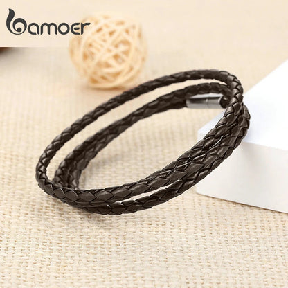BAMOER PU Leather Bracelet Multi-layer Wrap Braid Long Chain Adjustable Magnet Buckle Unisex for Women and Men Stackable Jewelry