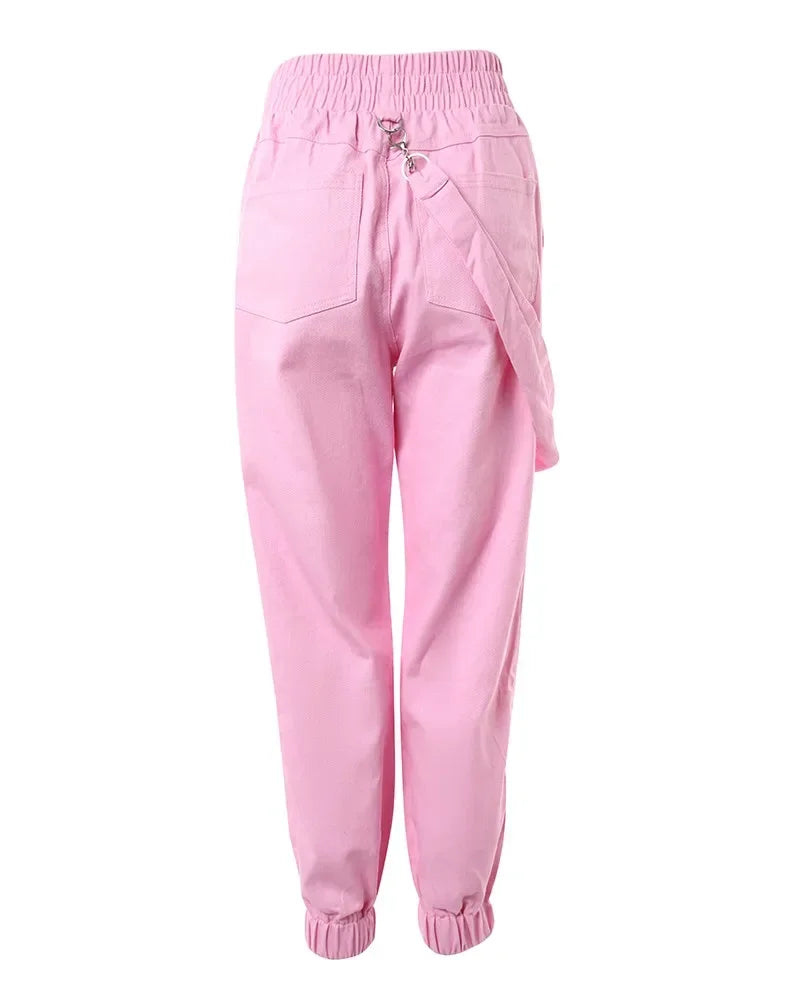 Women's Cargo Pants Casual Trousers 2026 Spring Autumn Solid Color Trend Street Pocket Design Cuff Suspenders Streetwear Women