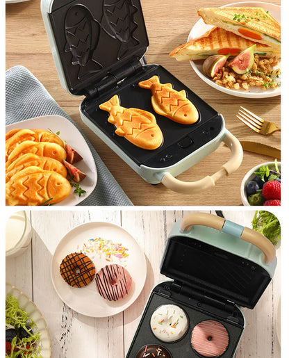 Mini Sandwich Maker - Electric Breakfast Multi Cooker for Toasts Pancakes Waffles  Donuts