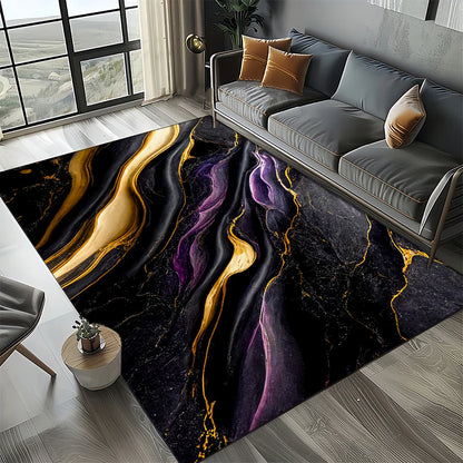 Marble Stone Carpet Rug - Modern Black White Gold Polyester Velvet Area Rug for Living Room