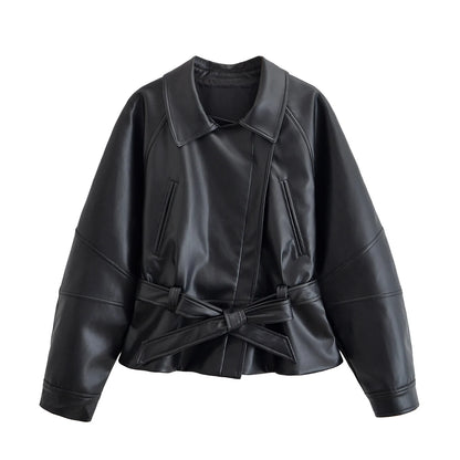 Faux Leather Trench Coat - Women's Black Belted Lapel Jacket With Zipper Closure