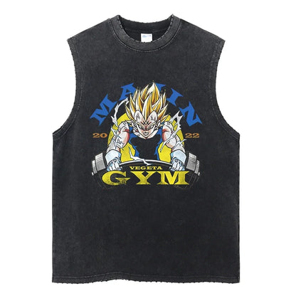 Vintage Vest Washed T-Shirt Anime Dragon Ball Graphic Tank Top Cotton Sleeveless Streetwear Loose GYM T Shirt Men's Clothing