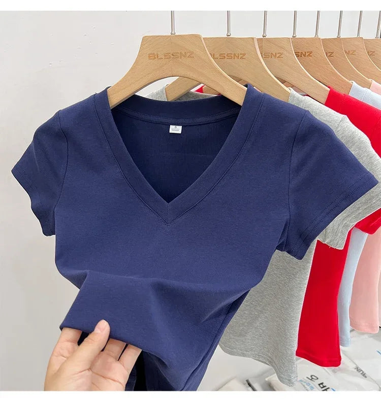 Summer Sexy V-neck Slim T Shirt Women Cotton Basic Solid Crop Tops Female Casual Tops Short Sleeve T-shirts 2026