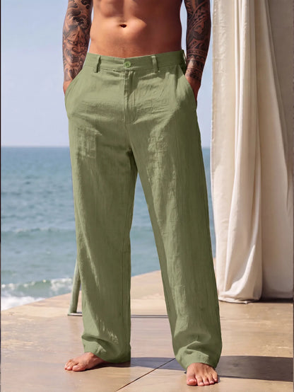 New Men Cotton Linen Pants Summer and Autumn Solid High Waist Wide-Leg Trousers Male Loose Hemp Casual Breathable Sports Pants