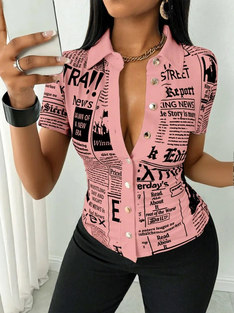 Women Summer Fashion Newspaper Print Single-Breasted V-Neck Women Shirt