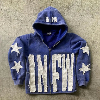 Autumn And Winter Hoodie Patchwork Letter Star Pattern Long Sleeved Pullover Hoodie Harajuku Fashionable Loose Versatile Jackets
