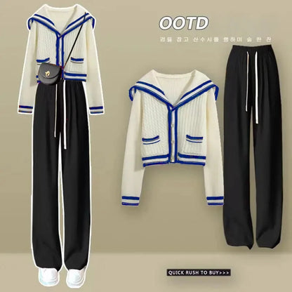 Knitted Spring Preppy Style Sailor Neck Women's Knitted Cardigan Elastic Wide Leg Pants Long Sleeve Korean Sportswear Set