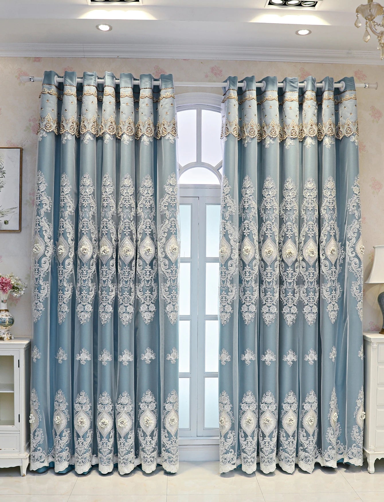 Luxury Embroidered Curtains - Vintage Style Floral Window Drapes With 3D Relief Pattern