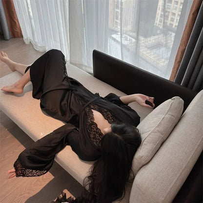 1 Piece Women's Ice Silk Satin Glossy Robe Pajamas Plus Size Nightgown Elegant Lace Homewear Fashion Casual Loungewear