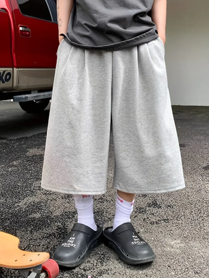 Men's Loose Street Style 7/8 Length Shorts Summer Casual Sports Elastic Waistband Pleated Hem Strong Draped Look