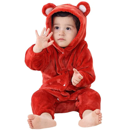 Baby Winter Rompers - Soft Polyester Hooded Jumpsuit With Animal Pattern, Machine Washable