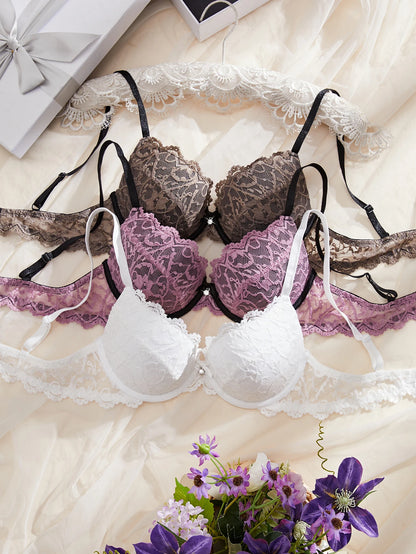 3PCS Daily Lace Trim Women's Underwear Set Rhinestone Push up Bra With Underwire Soft & Stylish Female Slim Bra