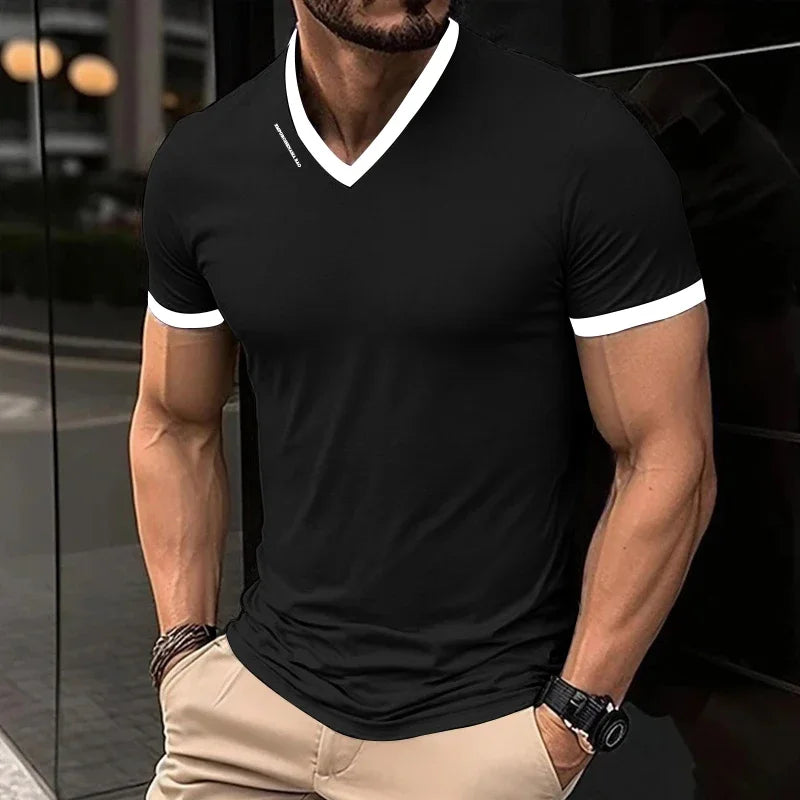 Men's V-Neck T-Shirt - Breathable Polyester Casual Tee, Solid Color Summer Top