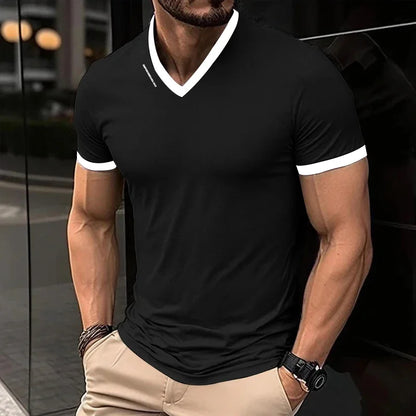 Men's V-Neck T-Shirt - Breathable Polyester Casual Tee, Solid Color Summer Top