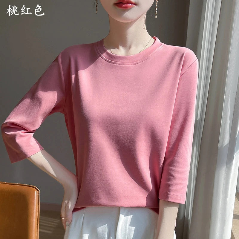 Summer Cotton Short-Sleeved T-Shirt Women's Round Neck Seven-Point Sleeves Loose Mercerized Cotton Half-Sleeve Shirt New T-shirt