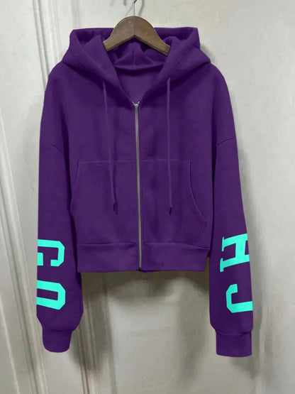 Women Y2K Crop Zip Up Hoodie Letter Print Oversized Long Sleeve Hooded Sweatshirt Casual Streetwear Short Jacket Outerwear