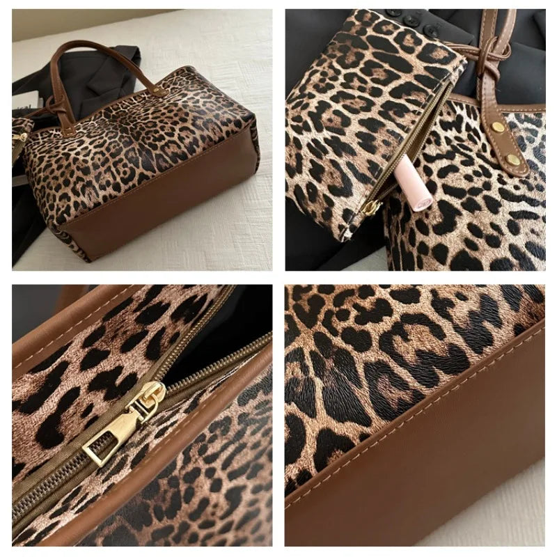 Leopard Print Tote Bag - Women's PU Leather Large Capacity Casual Travel Purse