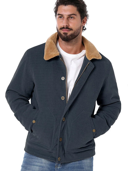 Men's Winter Corduroy Jacket Fleece Warm  Lined Cargo Work Jacket Casual Thick Sherpa Collar Trucker Deck Navy Coats