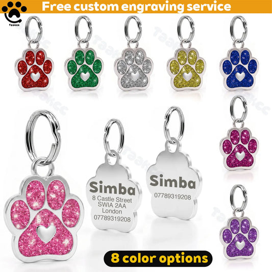 Engraved Puppy Pet ID Name Collar Tag Free Personalized Dog Cat Plate Tags Alloy Love Paw Glitter Pendant Pets Dogs Accessories