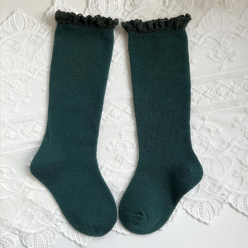 New Winter Autumn Baby Girls Knee High Socks Lace  Ruffle Long Sock Cotton Kids Toddlers Princess Christma Socken For 0-5Years