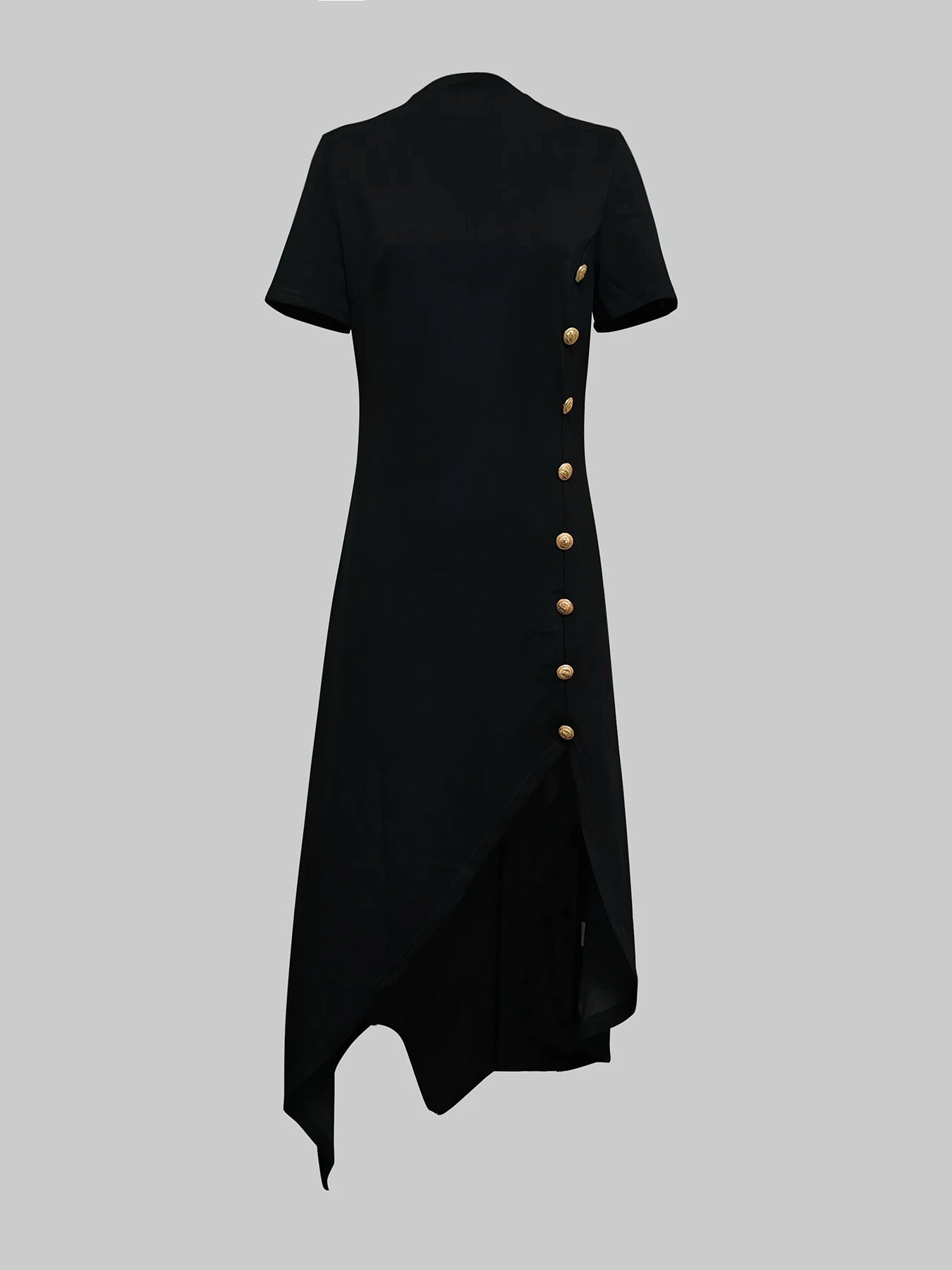 Black Maxi Dress - Women's Summer Party Dress With Gold Button & Asymmetrical Hem