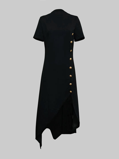 Black Maxi Dress - Women's Summer Party Dress With Gold Button & Asymmetrical Hem