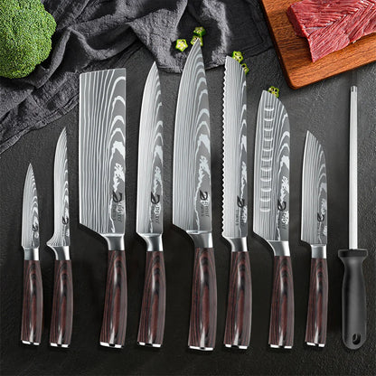 Damascus Steel Kitchen Knife Set - 8-Piece Chef Utility Paring Boning Cleaver Santoku with Nylon Bag
