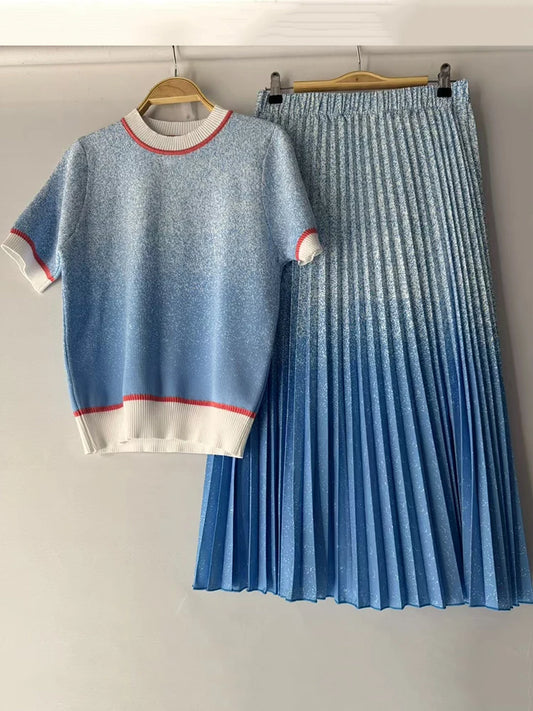 Designer retro geometric print T-neck knitted pullover two-piece 2026 summer women's dress+loose pleated skirt fashion suit